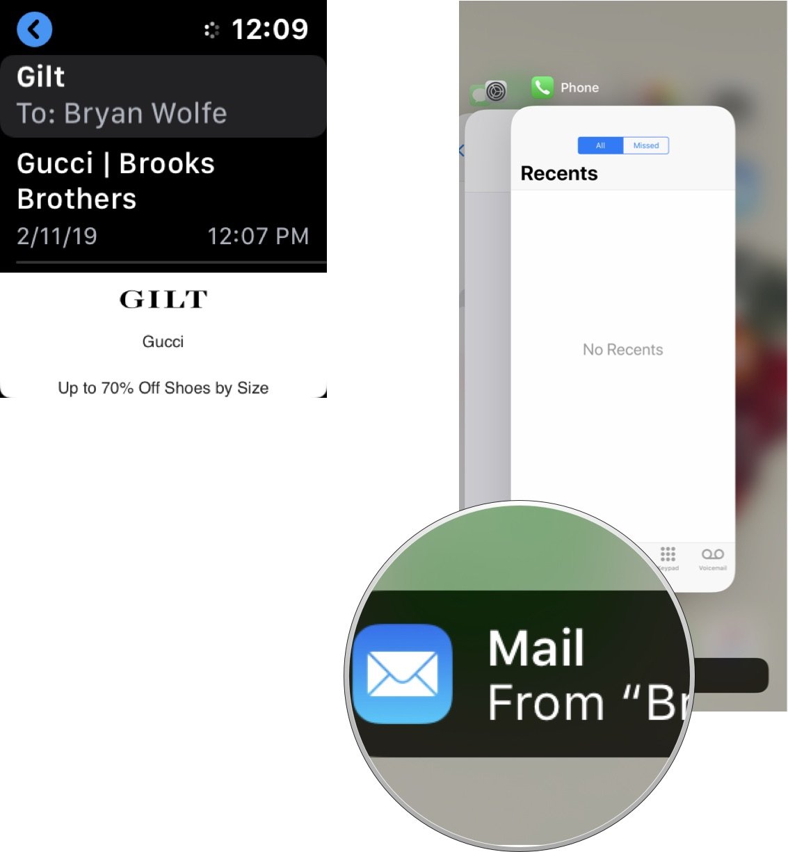 Para transferir um e-mail do Apple Watch para o iPhone, abra o aplicativo Mail e toque no tópico em questão.  Em seguida, selecione o alternador de aplicativos no seu iPhone.  Toque na opção Entrega.