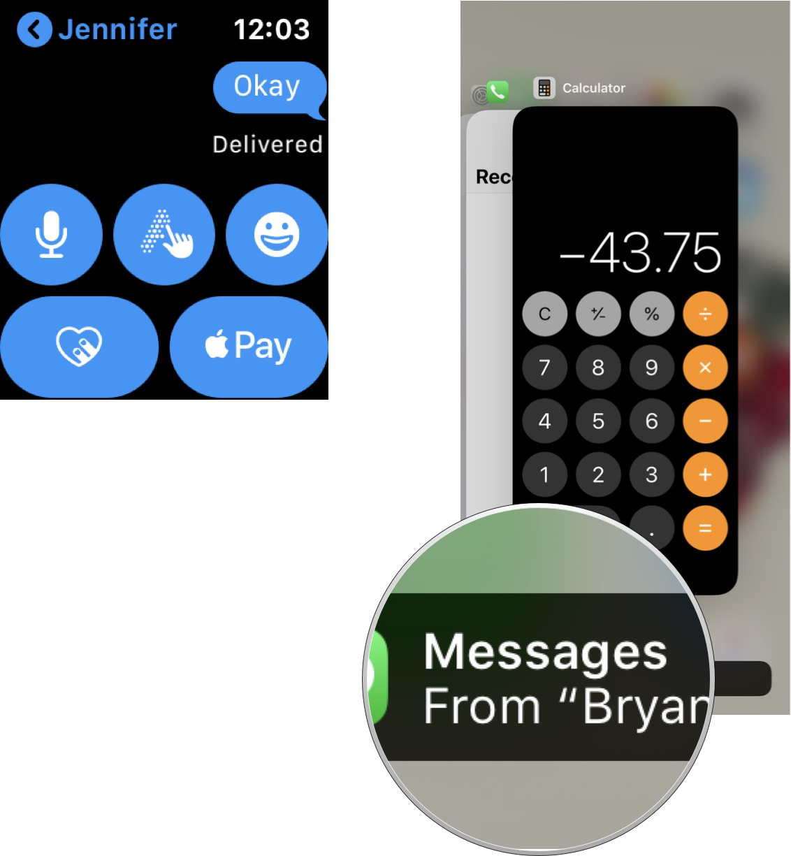 Para transferir uma mensagem do Apple Watch para o iPhone, abra o app Mensagens no Apple Watch.  Toque no tópico, selecione o alternador de aplicativos no seu iPhone.  Toque na opção Entrega.