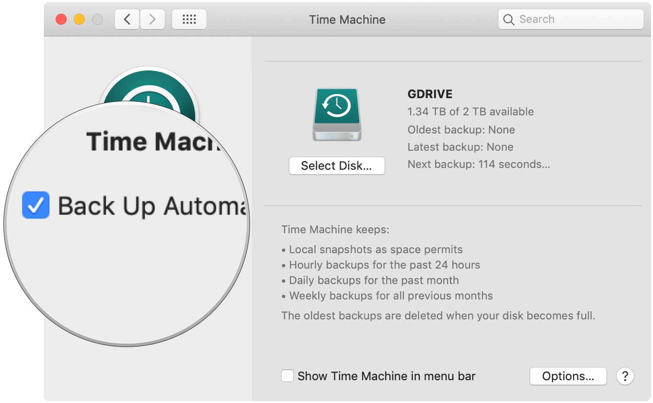 To enable Time Machine backups on your Mac, check the Back Up Automatically box.