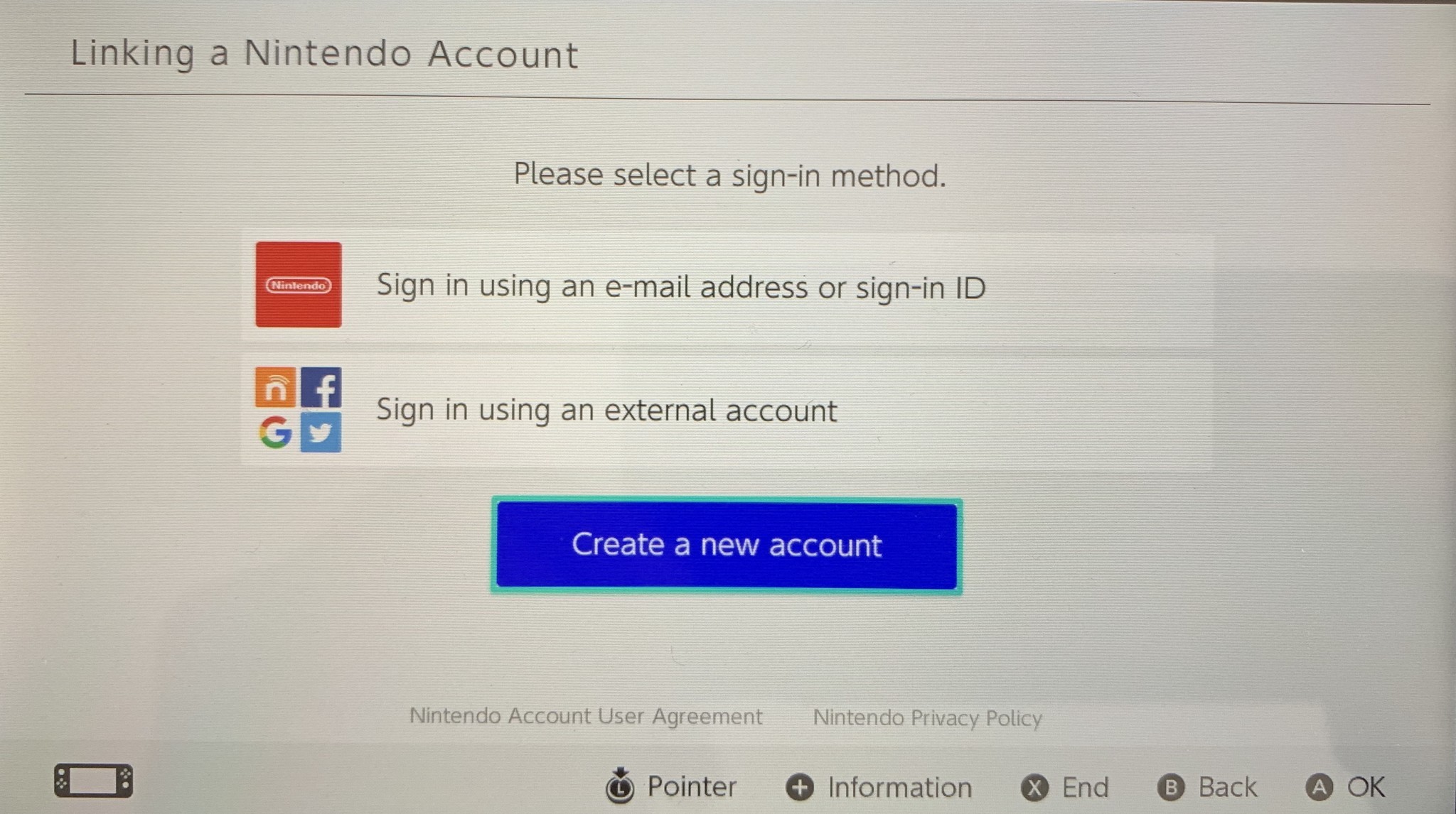 Nintendo create account screen