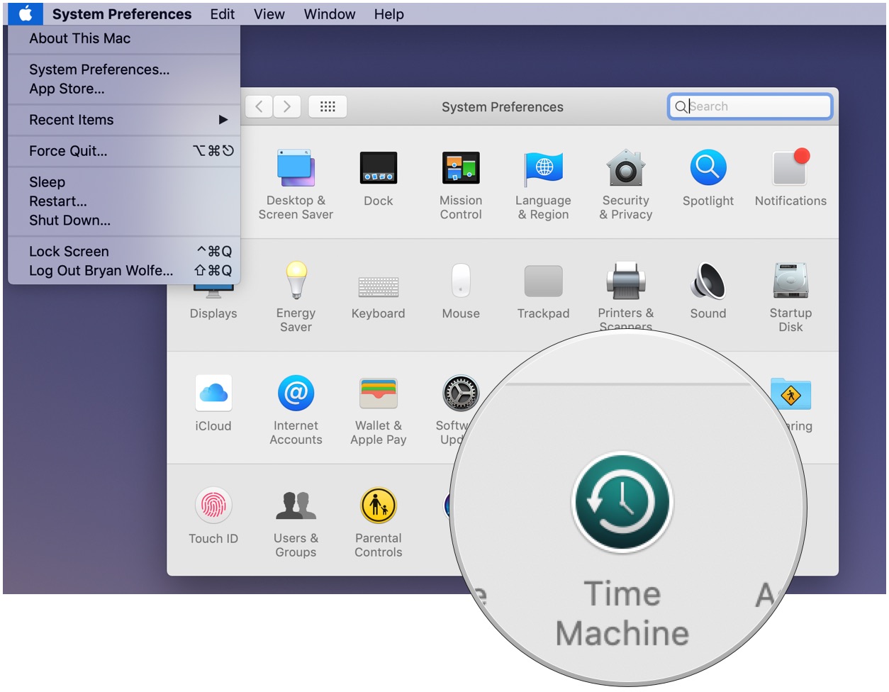 To restore files from a Time Machine backup, select System Preferences from the Apple menu, then choose the Time Machine icon.