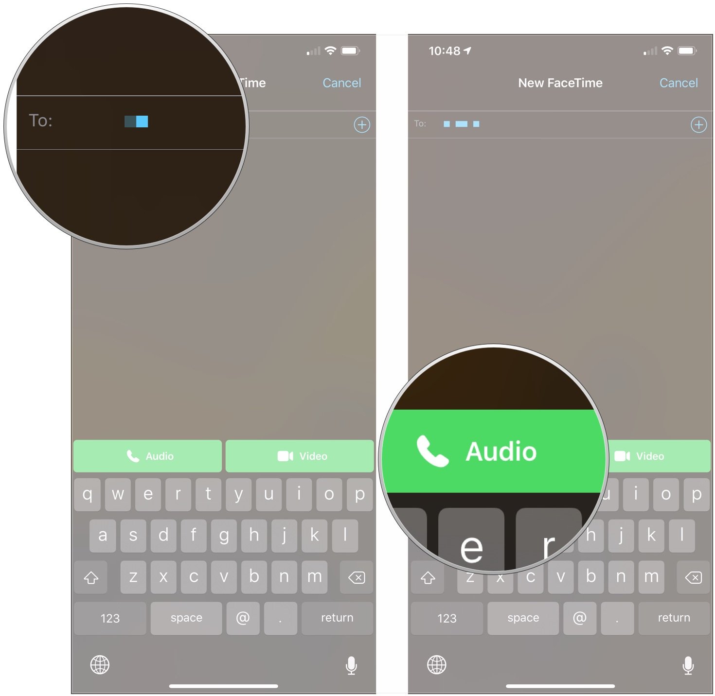 Сделайте вызов FaceTime на iPhone или iPad, показывая, как вводить дополнительные имена по желанию, затем коснитесь «Аудио» или «Видео».