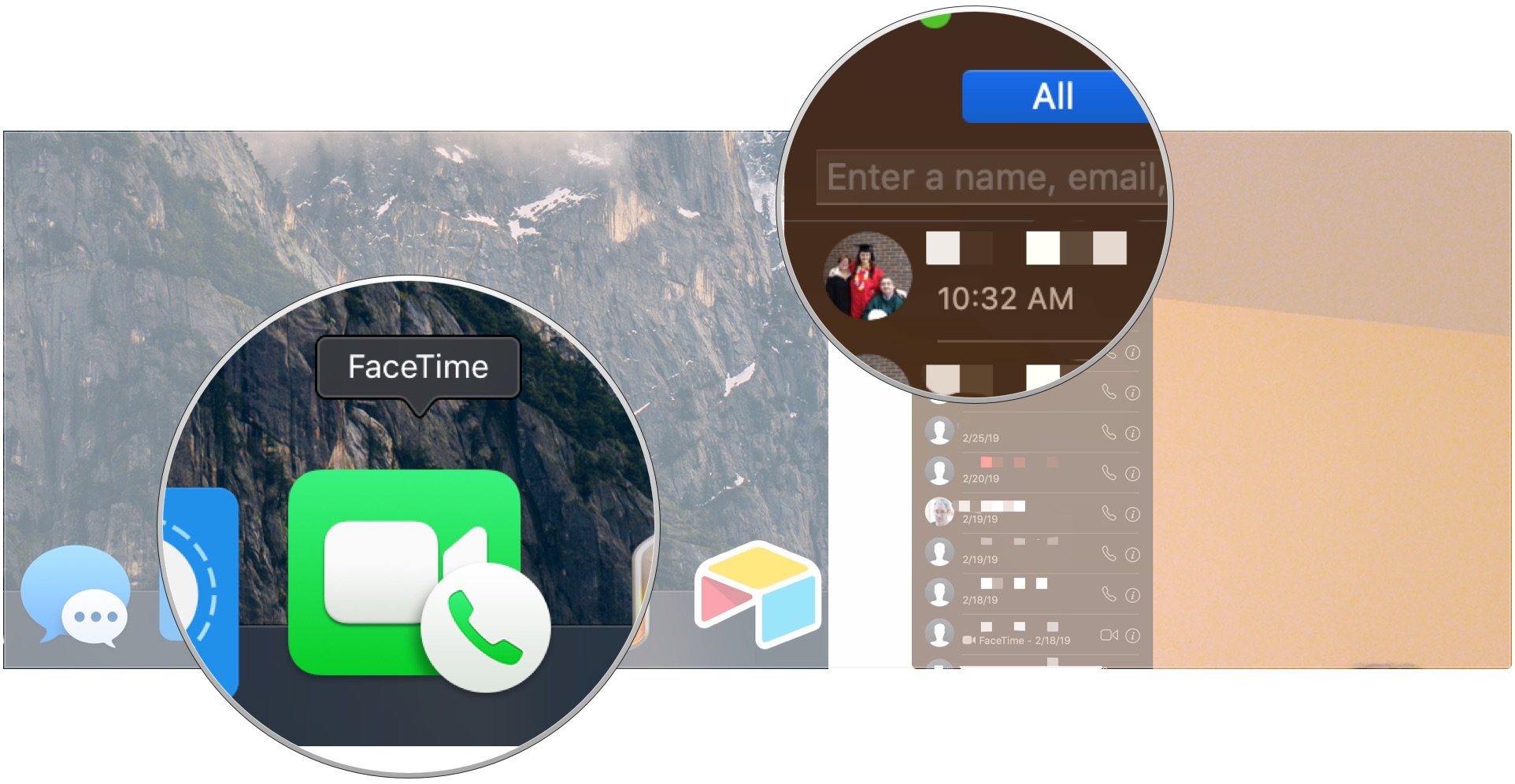 Make FaceTime calls from your Mac, showing how to open FaceTime from your Dock, then enter a name, address, or phone number