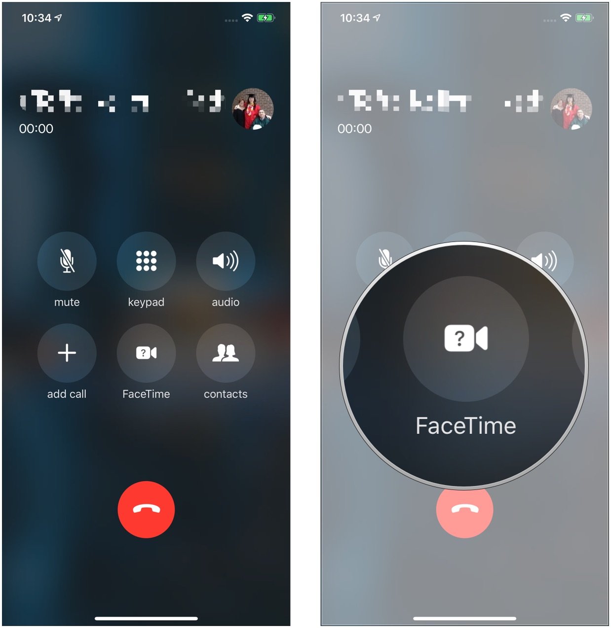Switching from a regular phone call to a FaceTime call, showing how to view the call menu, then tap FaceTime button to start a video call