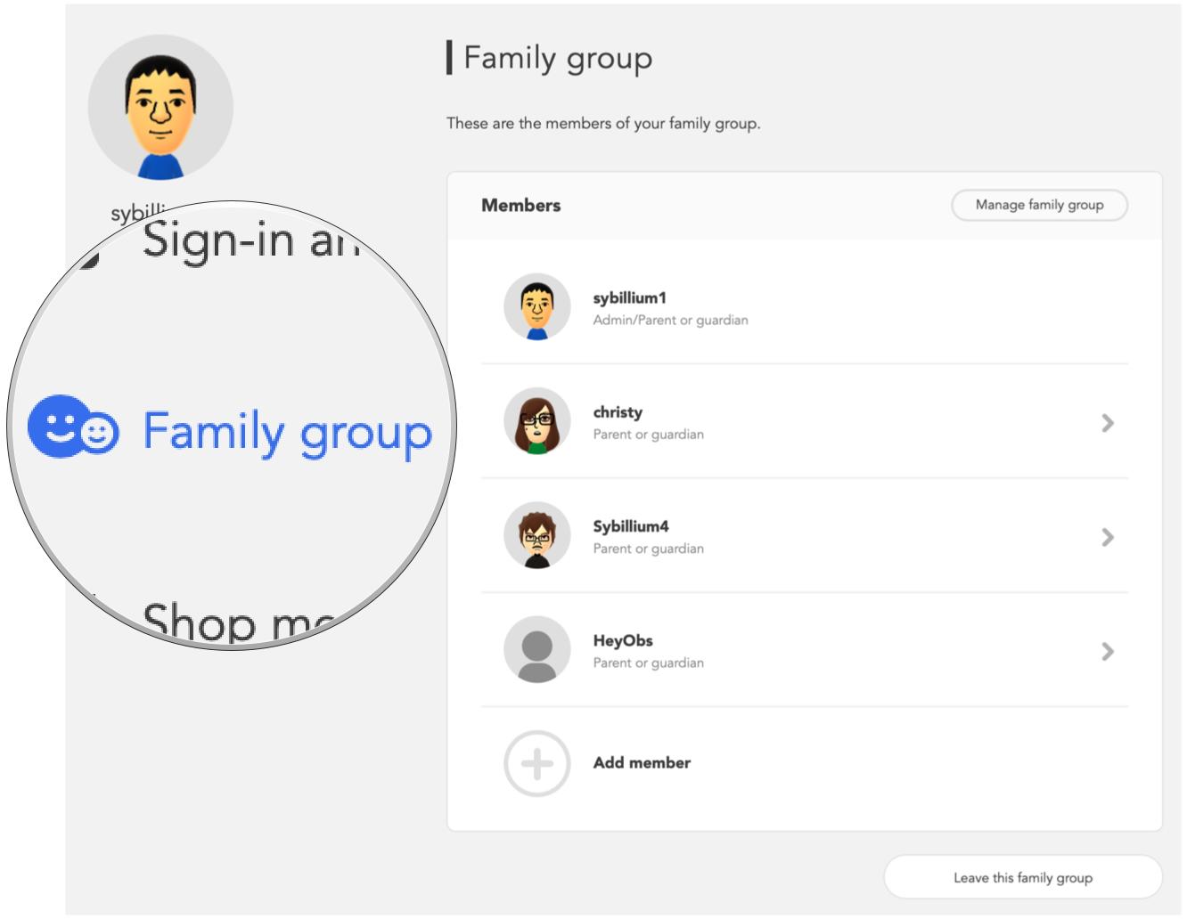 nintendo switch online family group