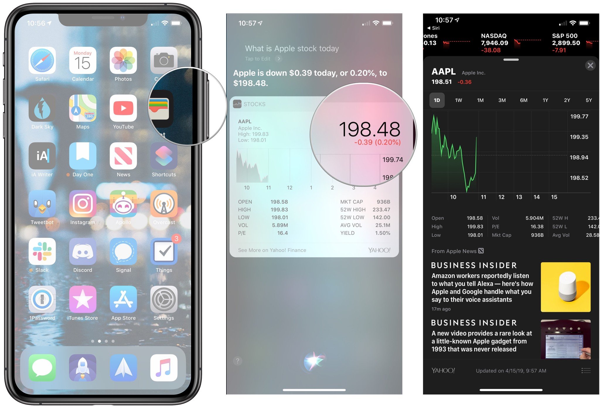 Press and hold button, say "What is Apple (or other stock) doing today?", tap on widget