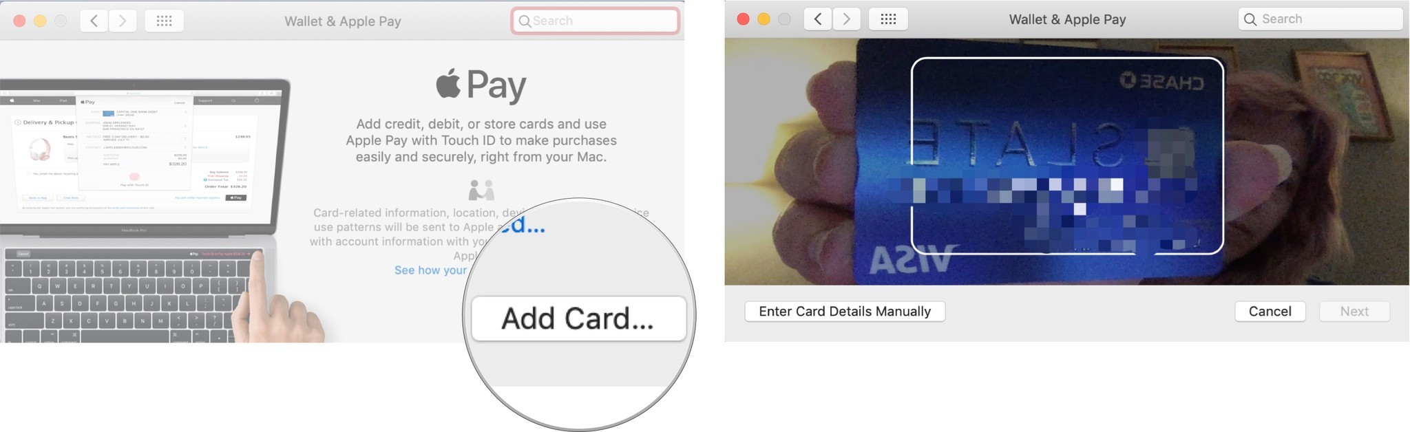 Setting up Apple Pay on the Mac showing steps for Click on Add Card, then use the iSight camera or enter the card number manually