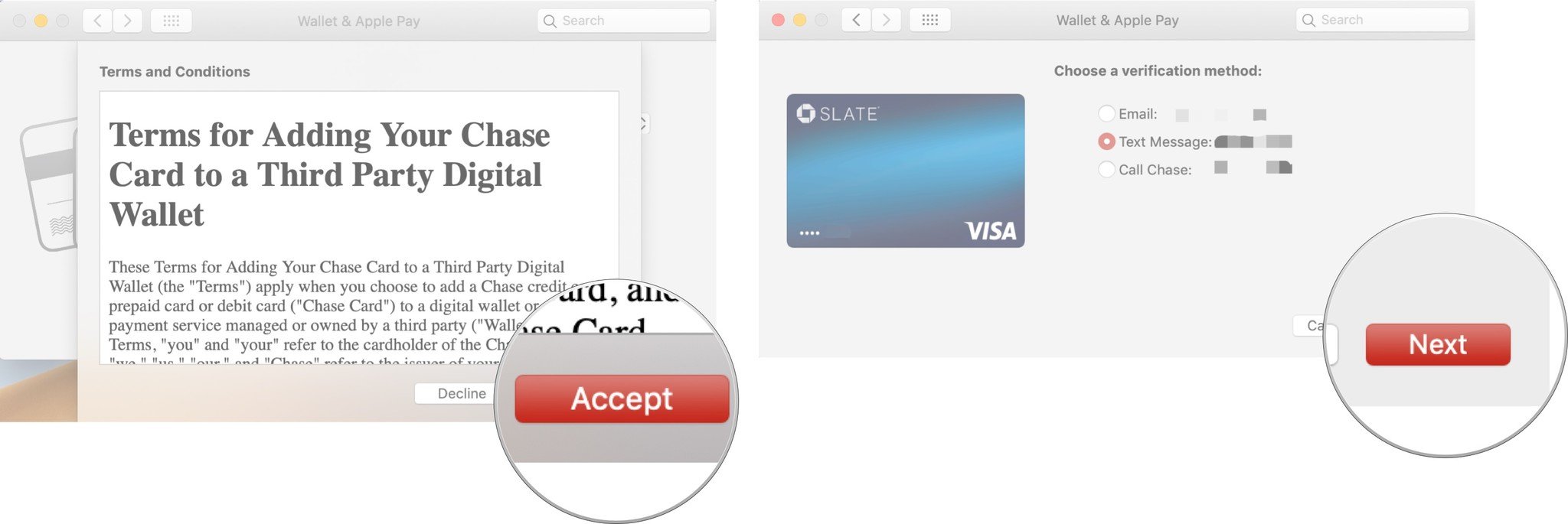 Setting up Apple Pay on Mac showing the steps to Accept the terms and conditions and select the method of verification