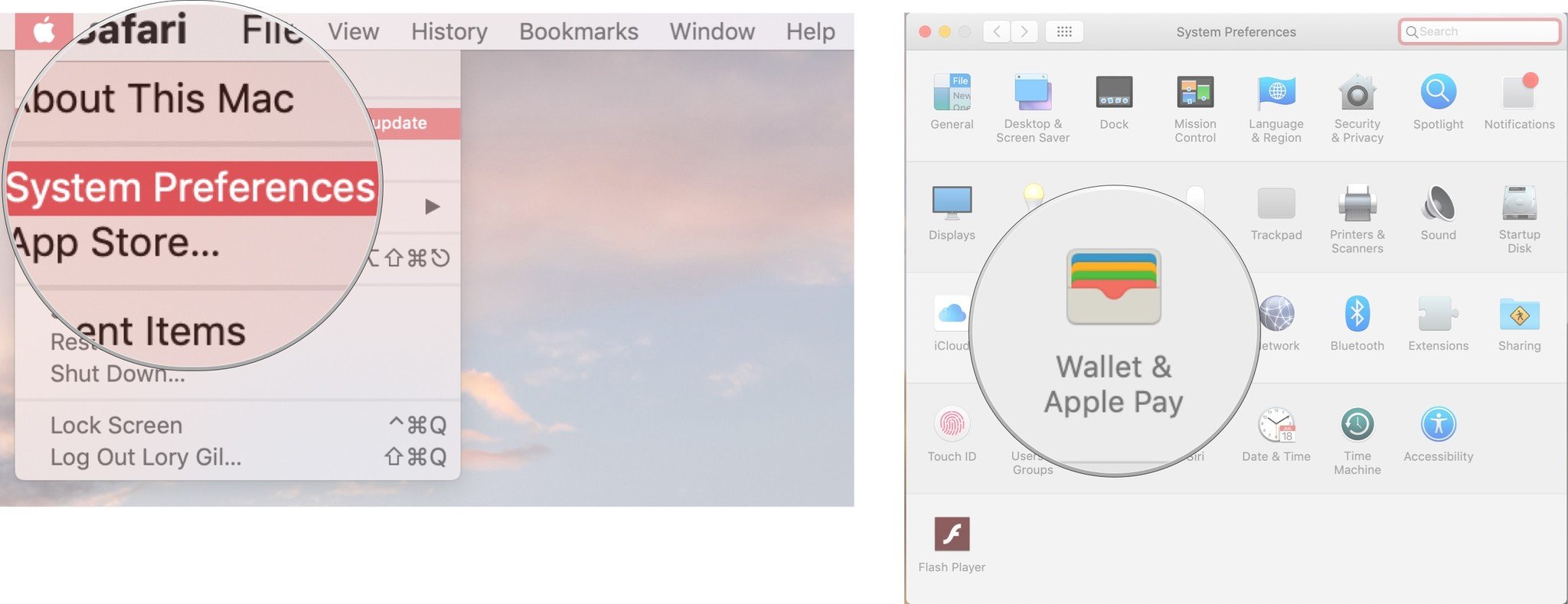 Setting up Apple Pay on Mac showing the steps to Open System Preferences, then click on Wallet & Apple Pay