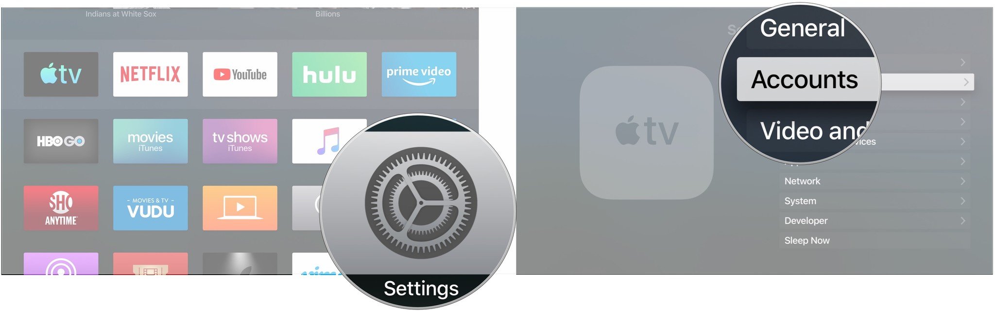 To add multiple accounts to Apple TV, launch Settings from your Home Screen, then click Accounts.