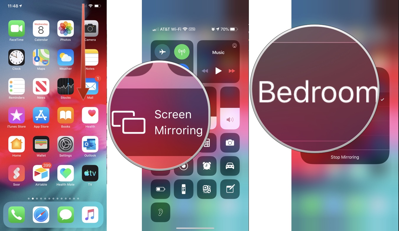 To AirPlay video from your iPhone or iPad, swipe down from the top right corner of the screen to bring up Control Center. Tap Screen Mirroring, then choose the device to AirPlay to. 