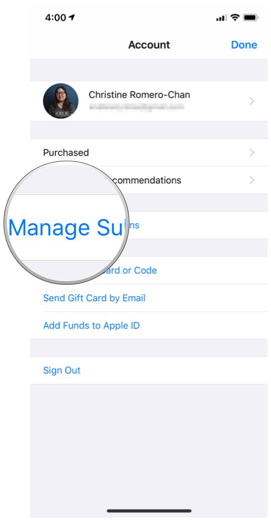 iOS 12 App Store, Аккаунт, Управление подписками