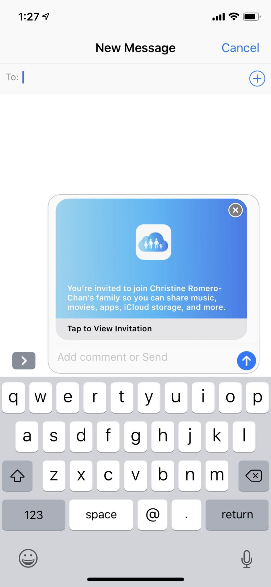 iOS 12 Family Sharing invitation thorugh iMessage