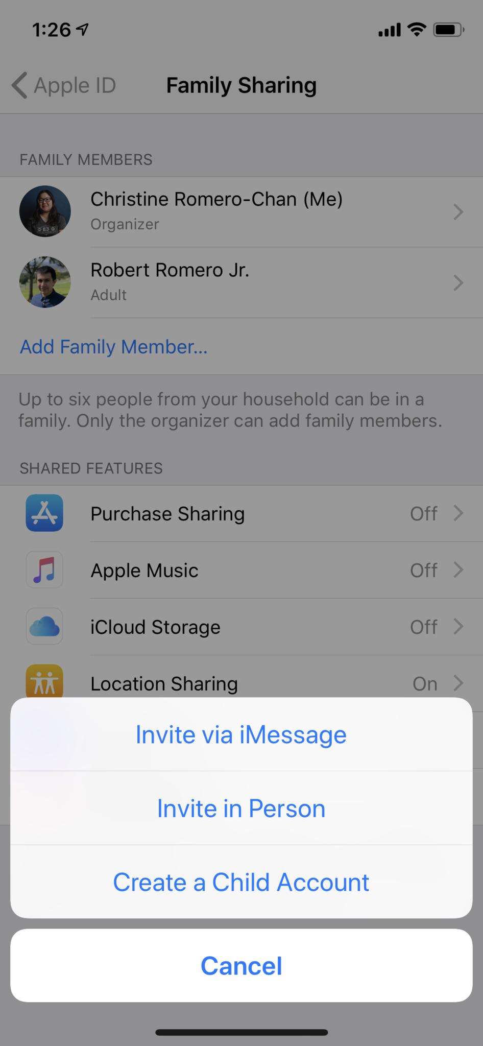 iOS 12 iCloud, Family Sharing, Add New Member
