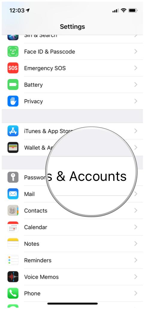 Paramètres iOS Mots de passe et comptes
