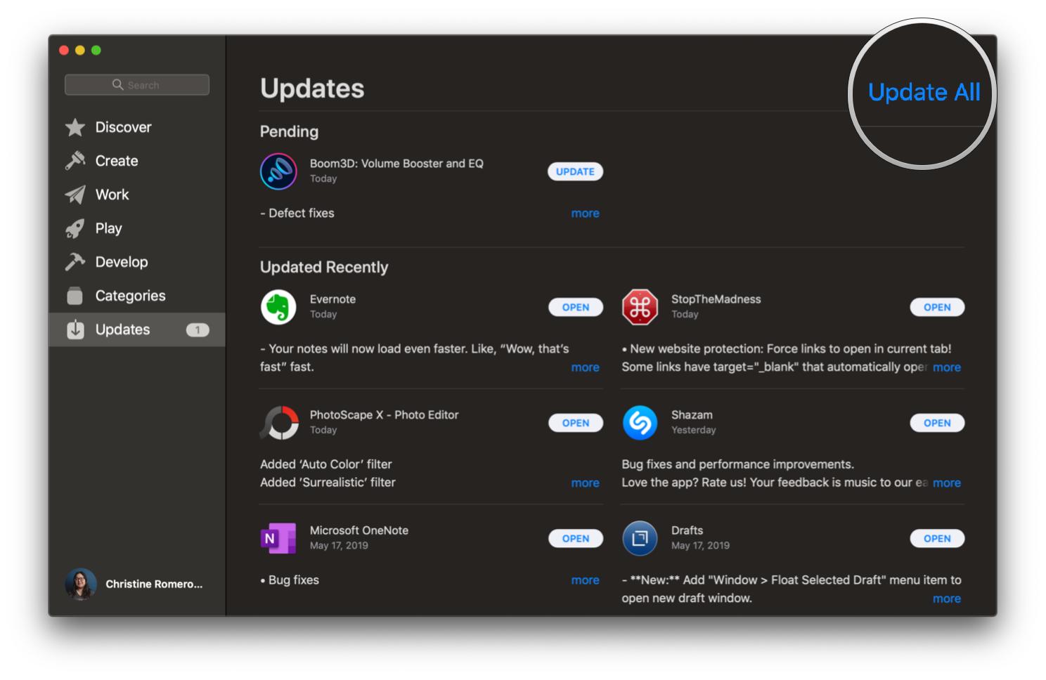 Update apps on macOS by showing: macOS App Store, Click Updates section, Update All