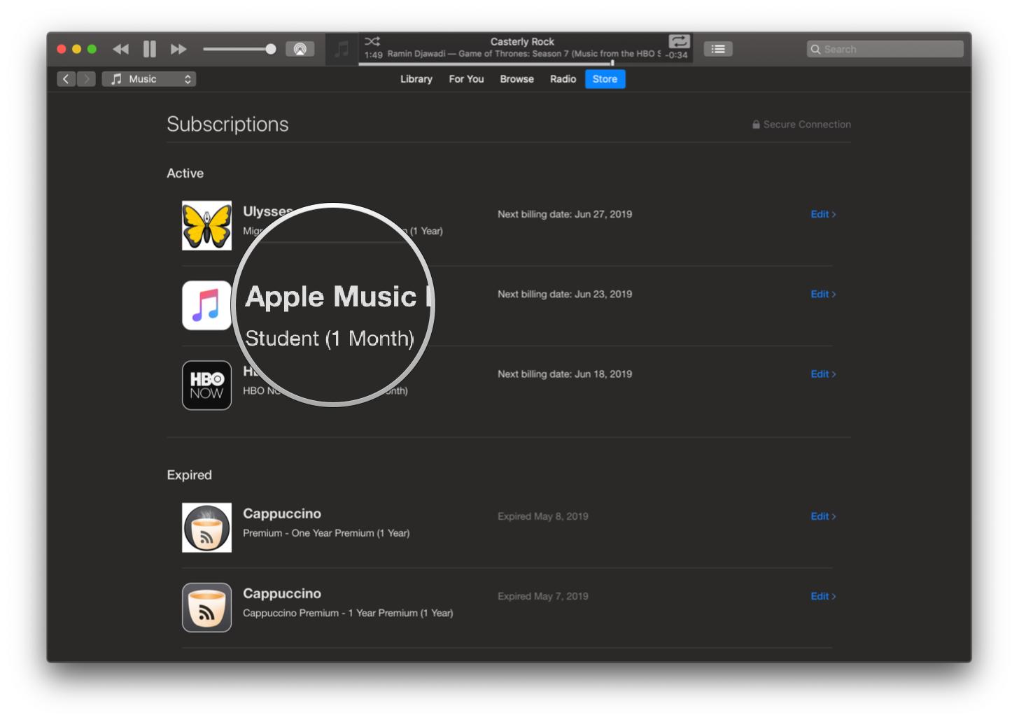 Mojave iTunes, Account Subscriptions, Apple Music