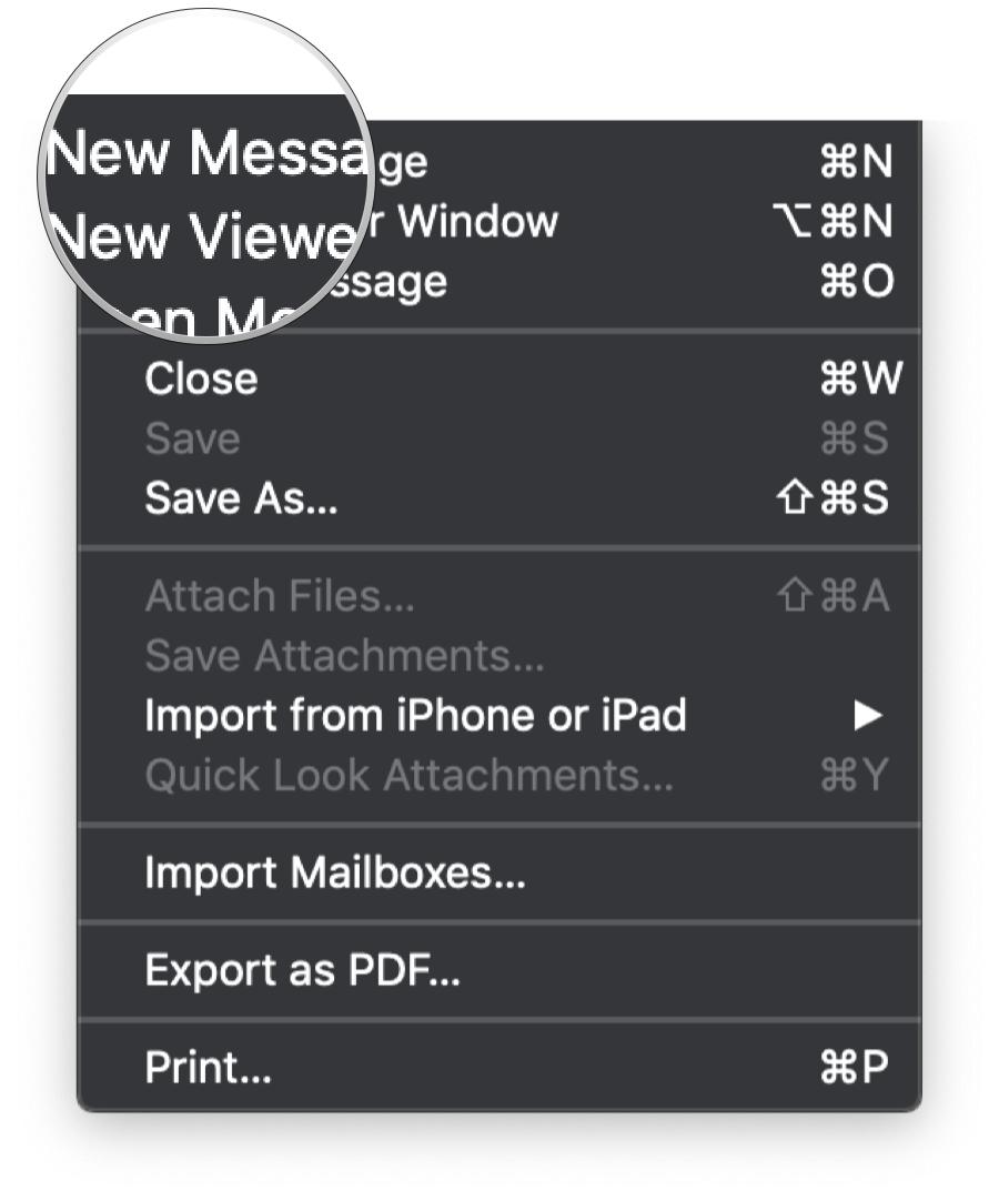 Mail on Mac, menu bar, new message