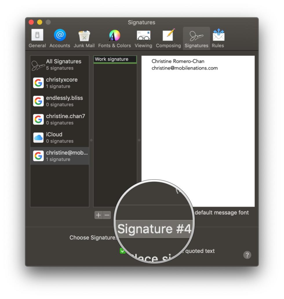 Почта на Mac, «Настройки», выберите «Подпись» в раскрывающемся списке
