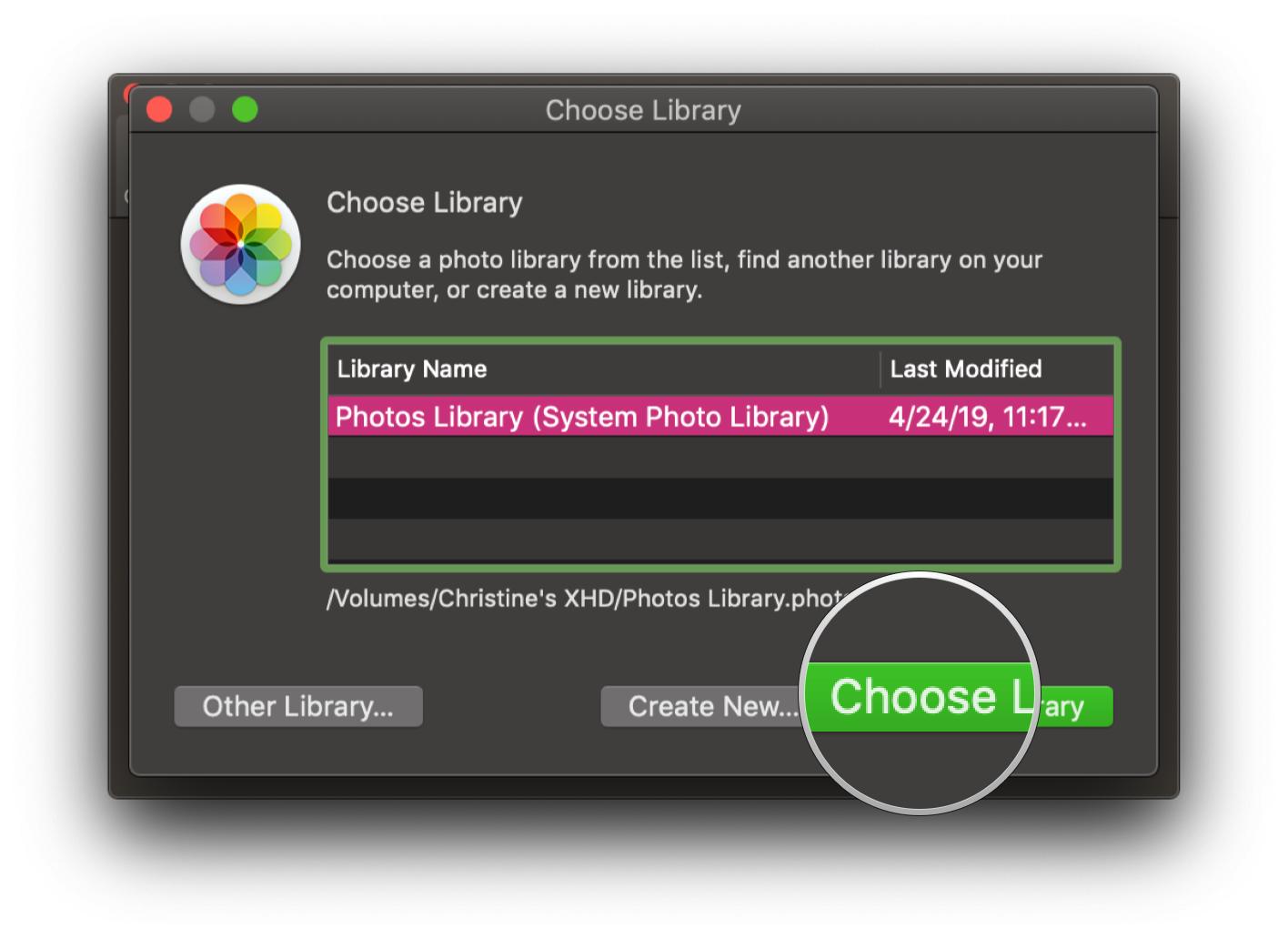 macOS Mojave Photos Choose Library Select Confirmation