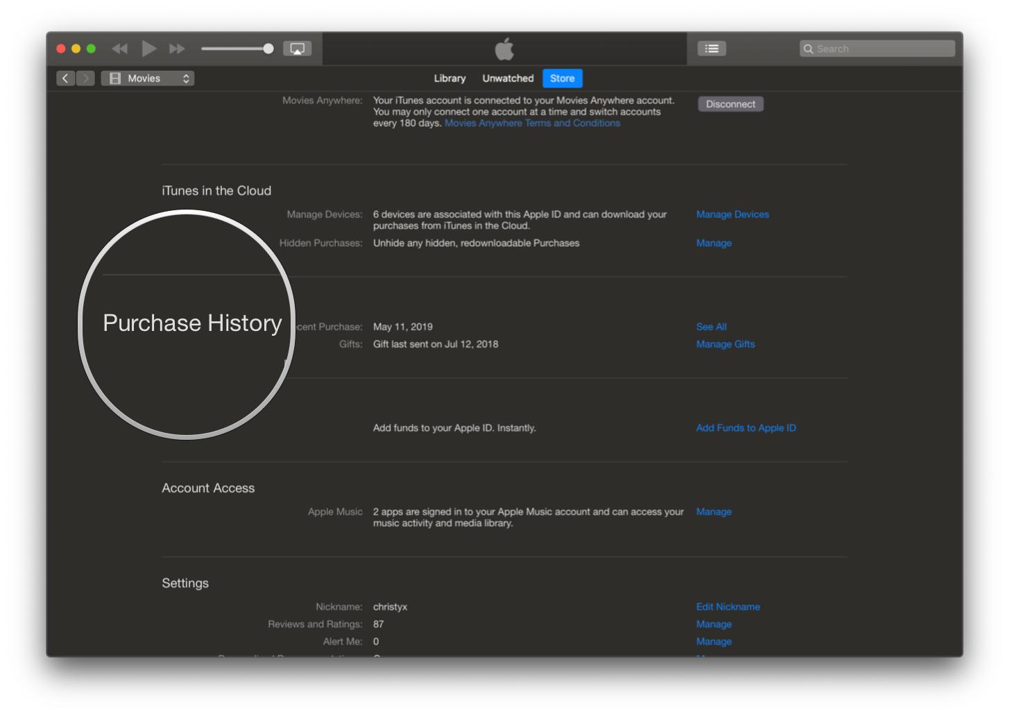 mojave iTunes Account View Purchase History