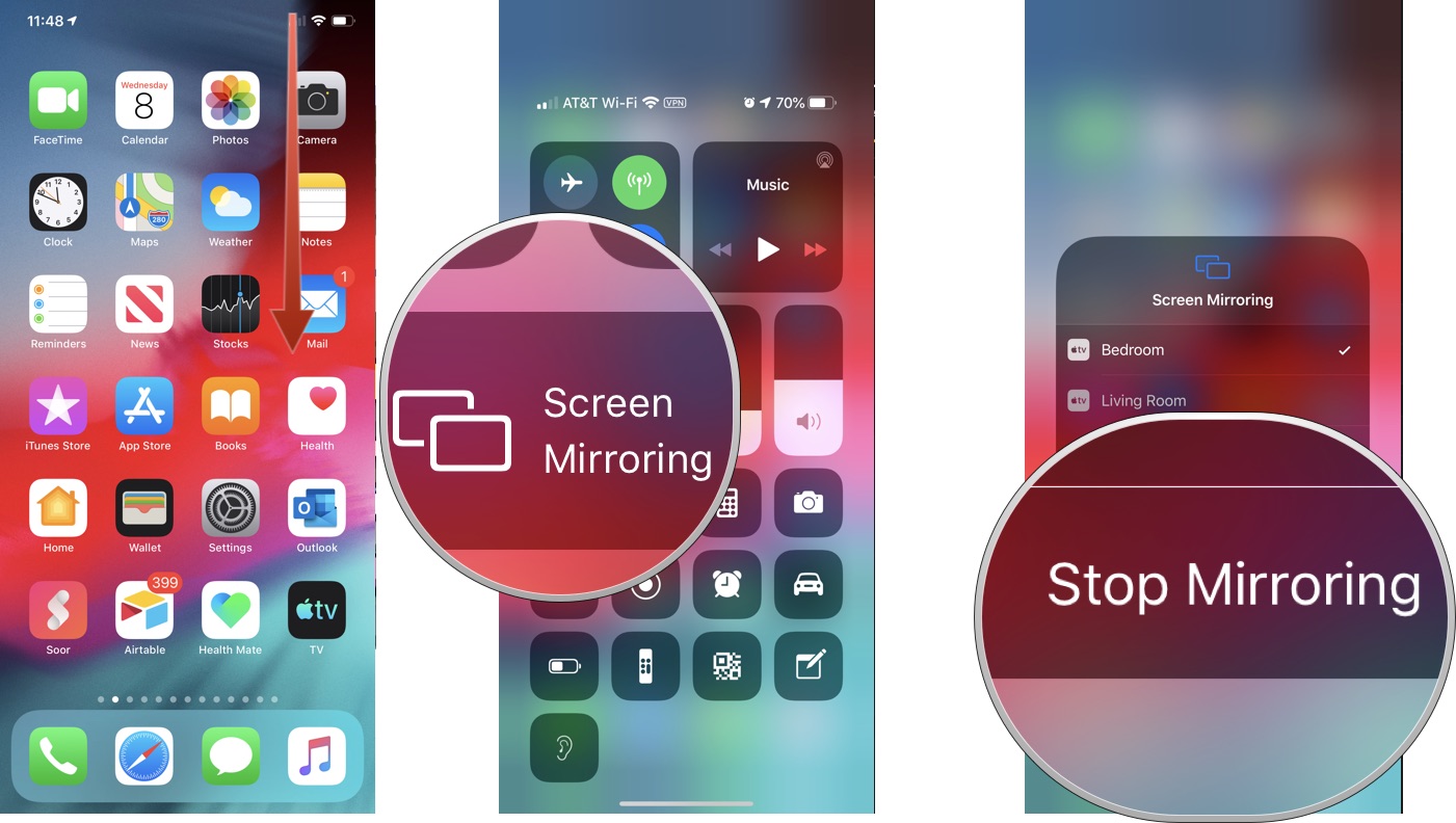 To stop AirPlay video on your iPhone and iPad, swipe down from the top right corner of the screen to bring up Control Center. Tap the device name that's you're AirPlaying to. Tap Stop Mirroring.