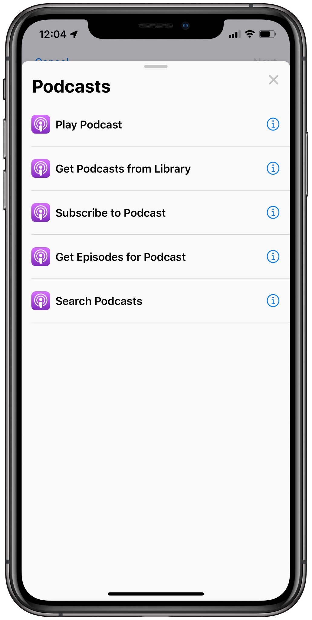 Screenshot showing new Podcast actions available for Shortcuts in iOS 13, including Play Podcast, Get Podcasts from Library, Subscribe to Podcast, Get Episodes for Podcast, and Search Podcasts.