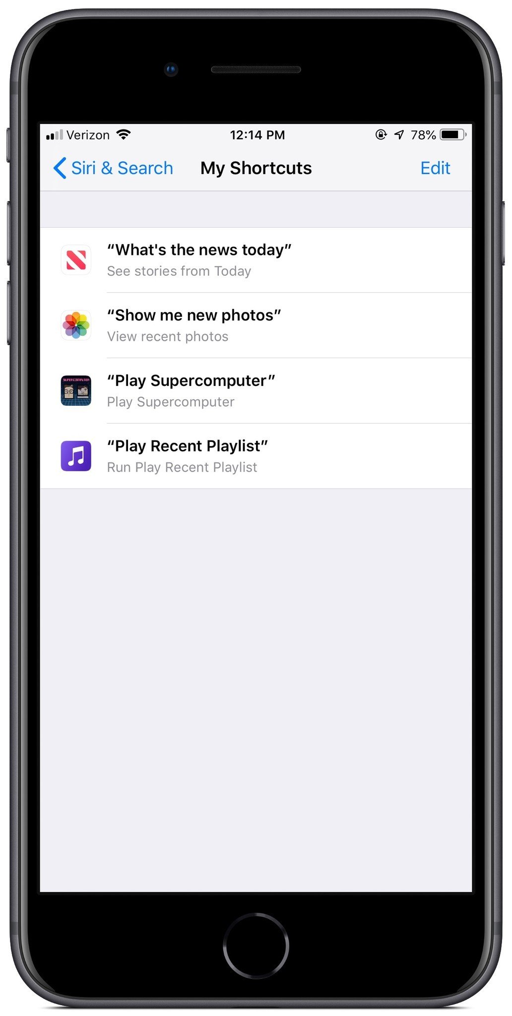 Screenshot showing custom trigger phrases added to Siri, which has been removed in iOS 13
