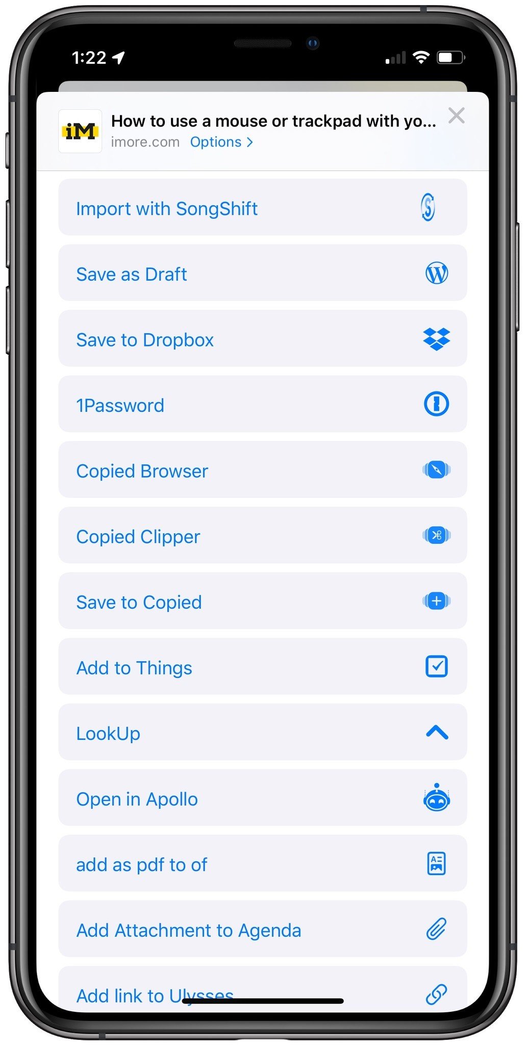 Screenshot showing the list of Share sheet shortcuts available on the author's device. Shortcuts will inherit the same icon from the app for visual identification.