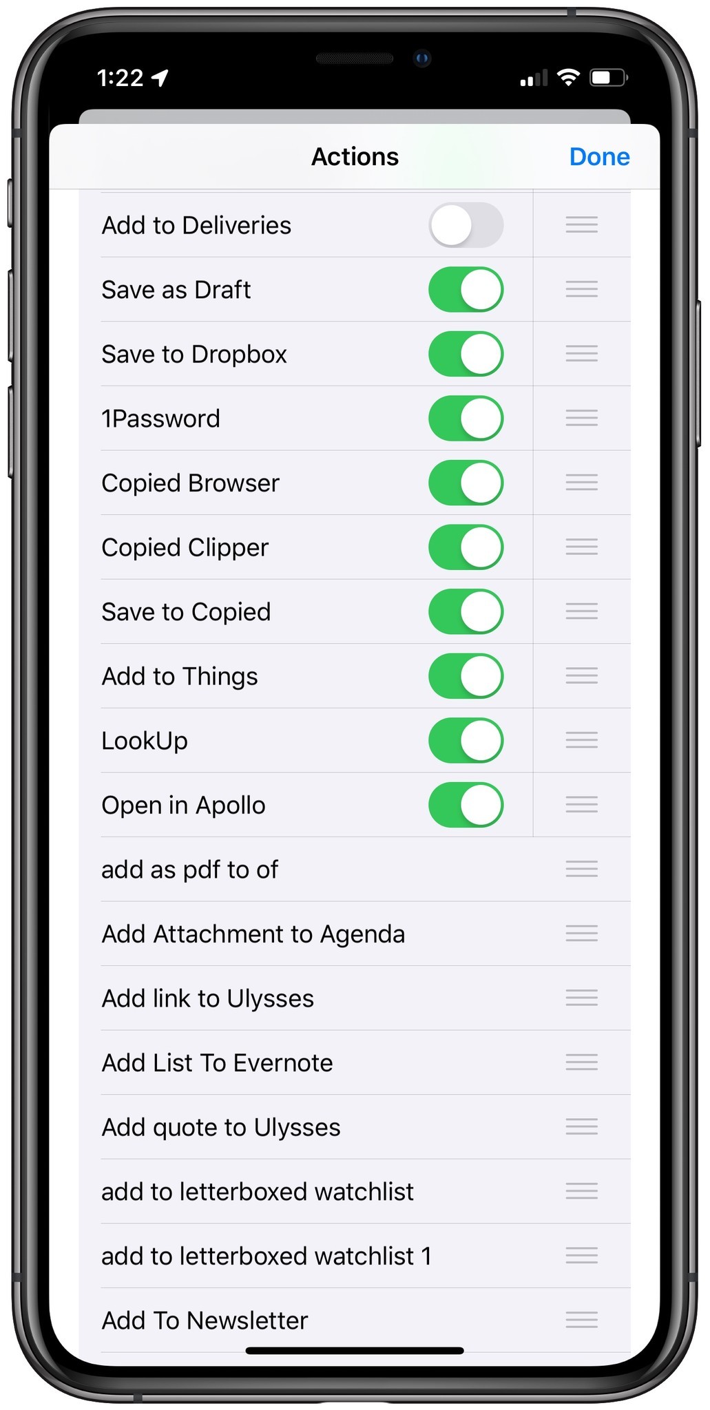 Screenshot showing the detailed manage view of the Share sheet, where you can rearrange Share sheet shortcuts and toggle on/off any app-based action extensions.