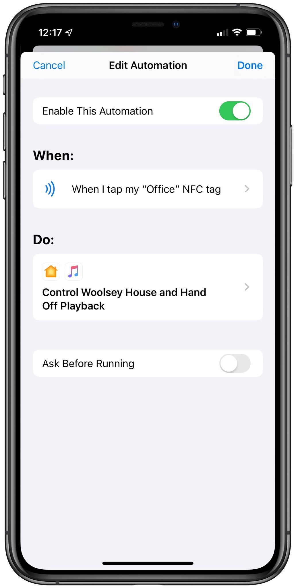 Screenshot showing Personal automation with NFC trigger with Show When Running turned off