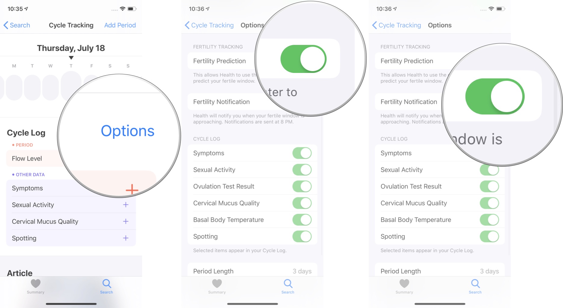 Tap options, then tap fertility predictions, then turn on period notifications