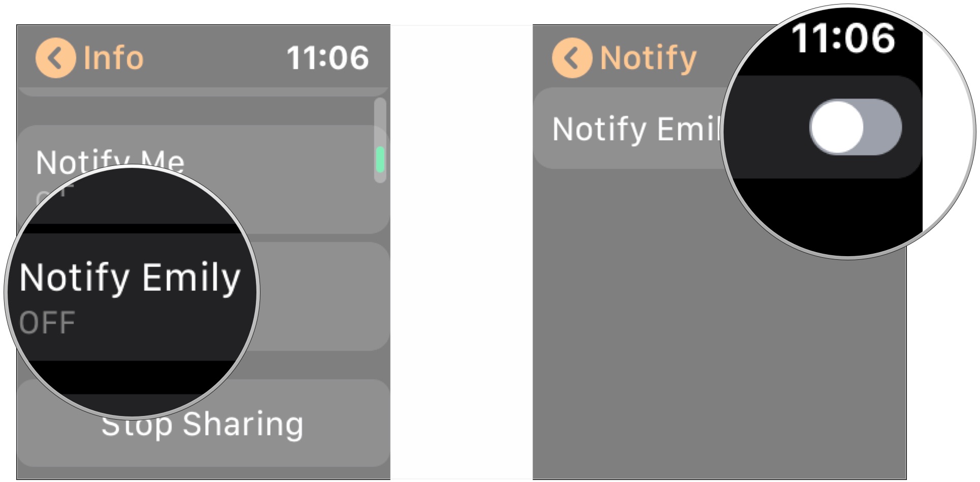 Tap Notify Contact, tap switch