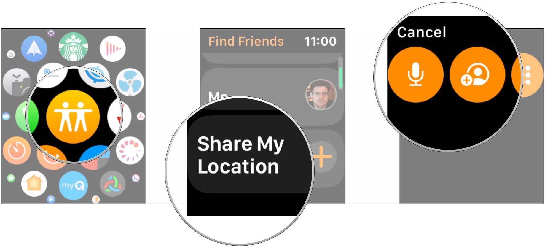 Откройте «Найти друзей», нажмите «Поделиться моим местоположением», добавьте контакт.