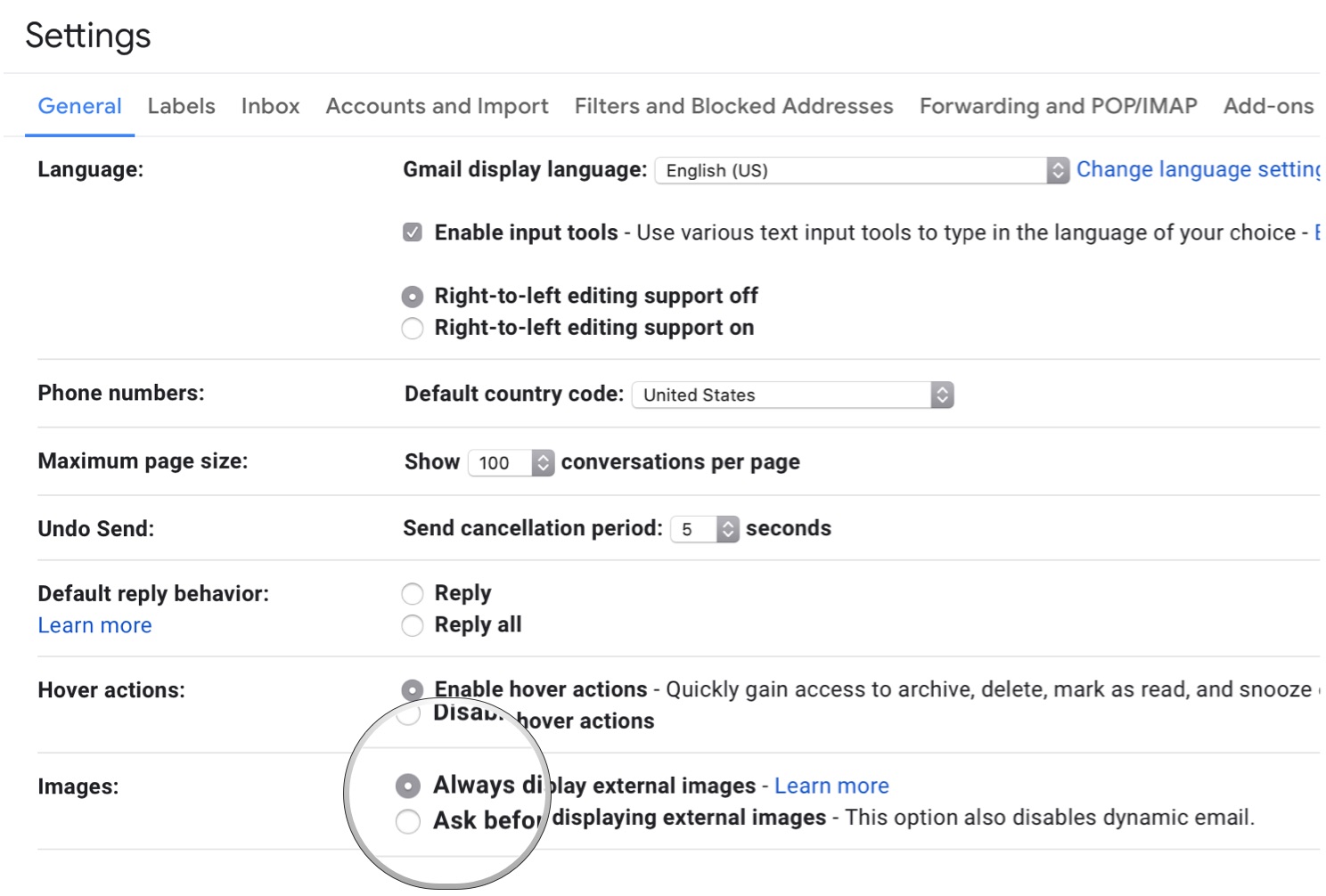 How to disable image loading in Gmail by showing steps: Under Images section, click Always display external images