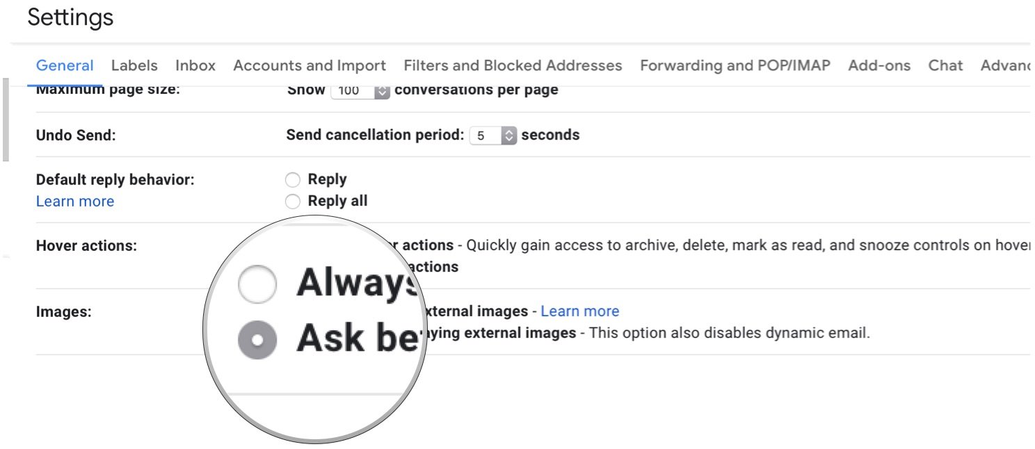 How to disable image loading in Gmail by showing steps: Under Images section, click Ask before displaying external images