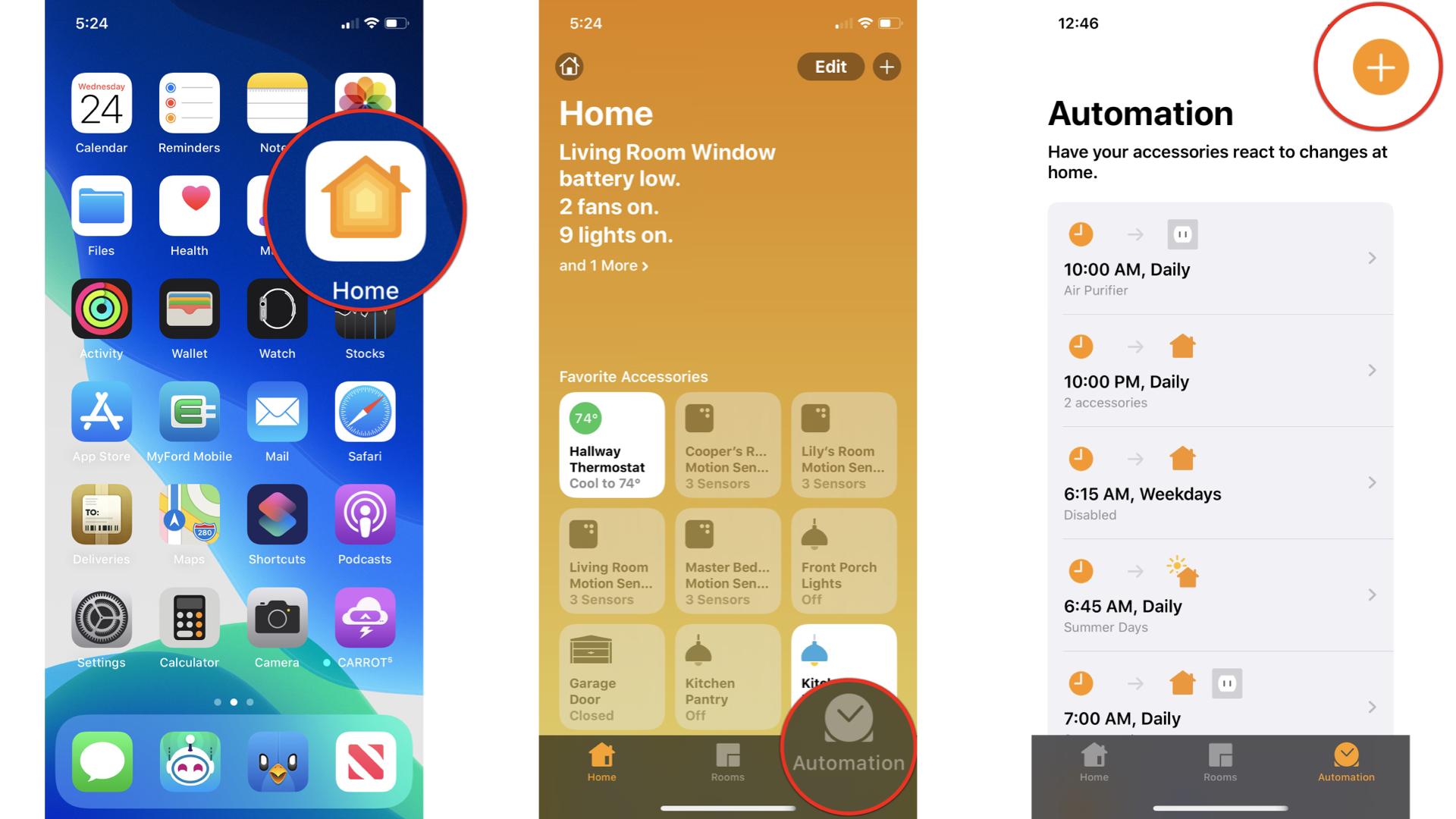 How to set up automations in the Home app on iOS 13 on the iPhone by showing steps: Launch the Home app, Tap the Automation tab, Tap the Add Button