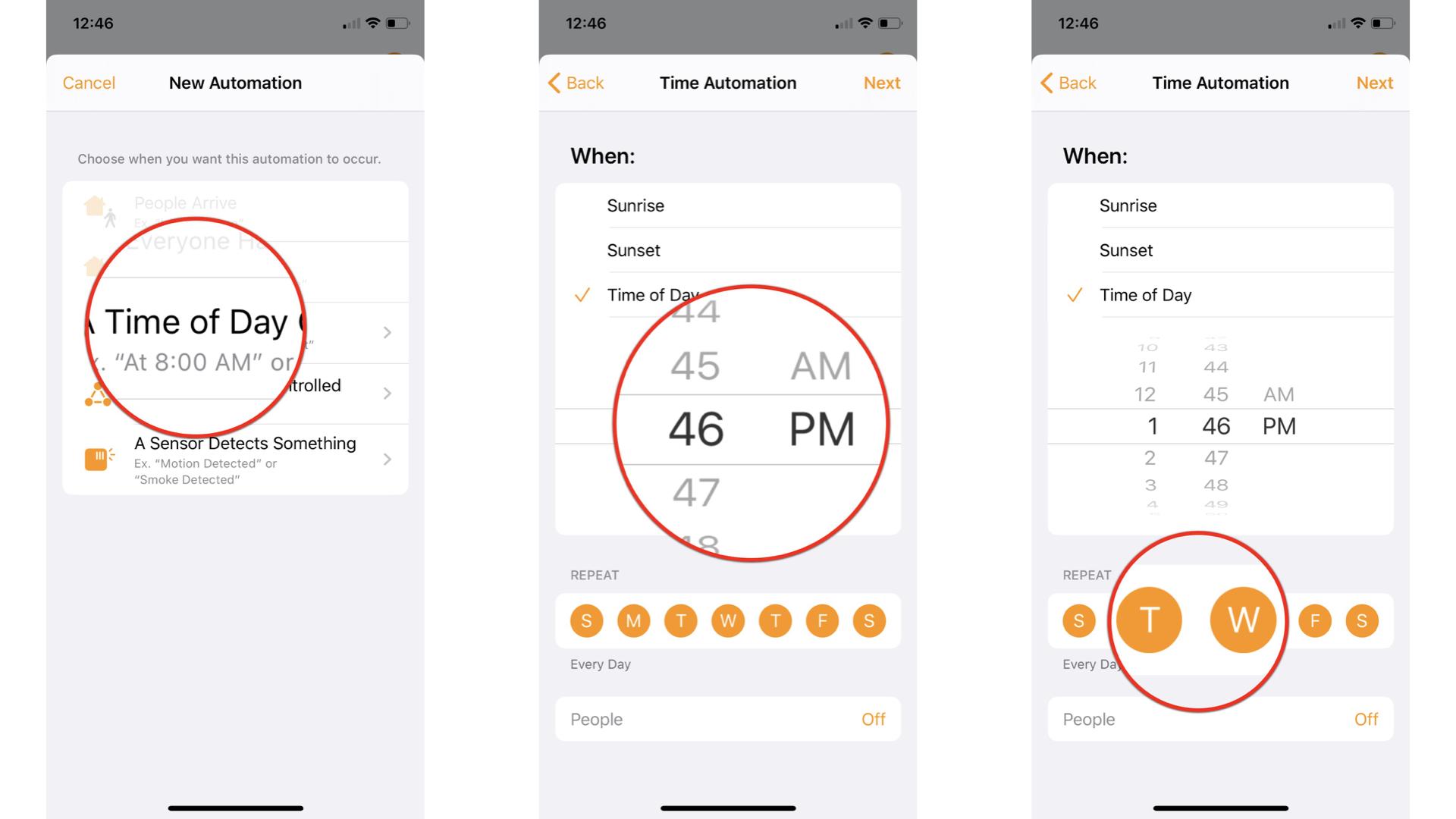 How to set up automations in the Home app on iOS 13 on the iPhone by showing steps: Choose When you want the automation to occur, Dial in the Time, Select Specific Days
