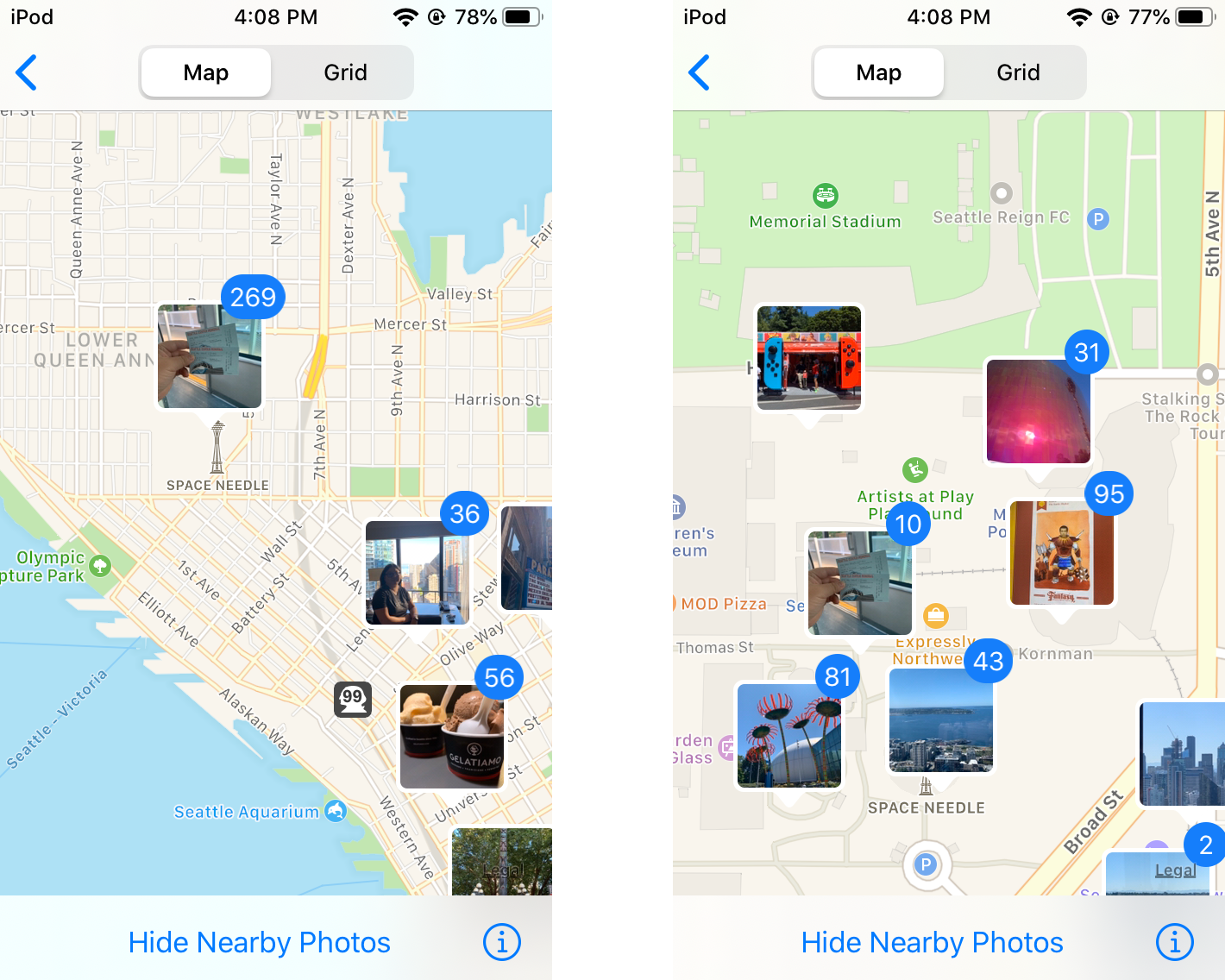 Viewing Nearby Photos means photos and videos that aren't in the Memory