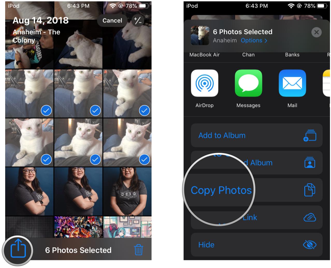 Select your photos or videos, tap Share, and select Copy Photos
