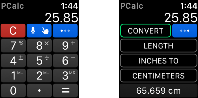 Pcalc Apple Watch screens