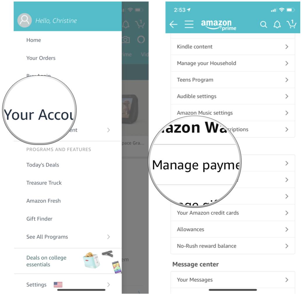 Tap Your Account, tap Manage Payment Options