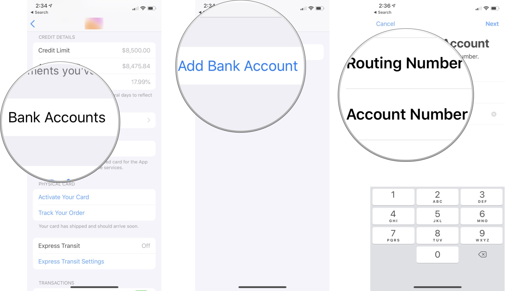 Tap Bank Accounts, then tap Add Bank Account, then enter your routing number and bank account number