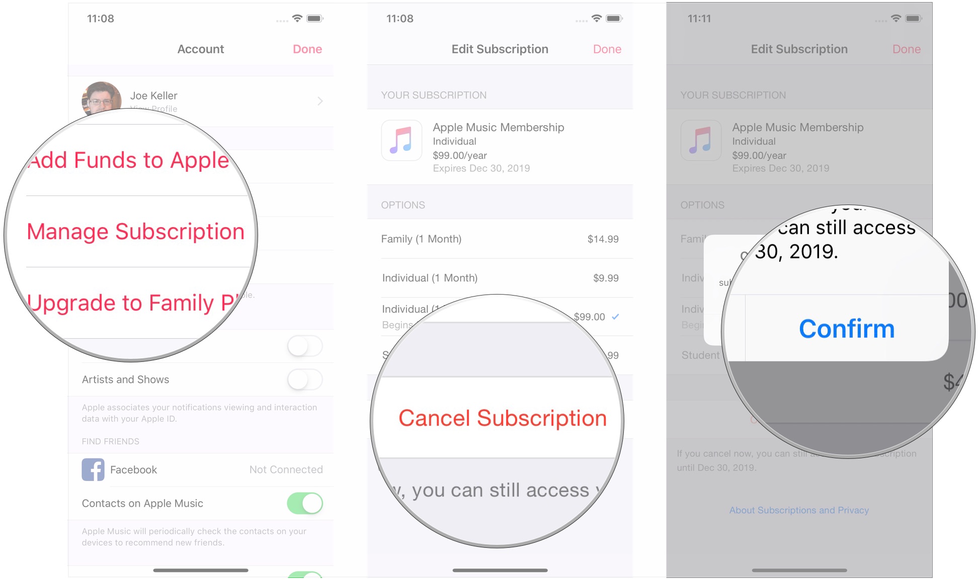 Cancel your Apple Music subscription on iPhone by showing: Tap Manage Subscriptions, tap Cancel Subscription, Confirm