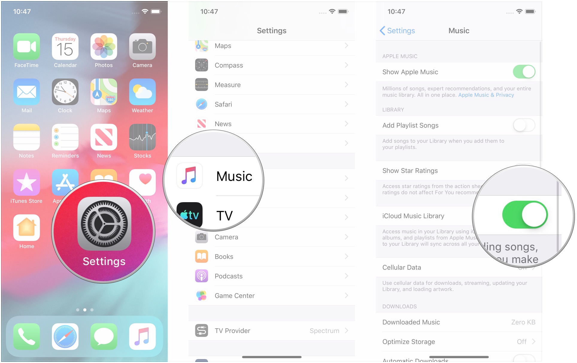 Open Settings, tap Music, tap the iCloud Music Library switch