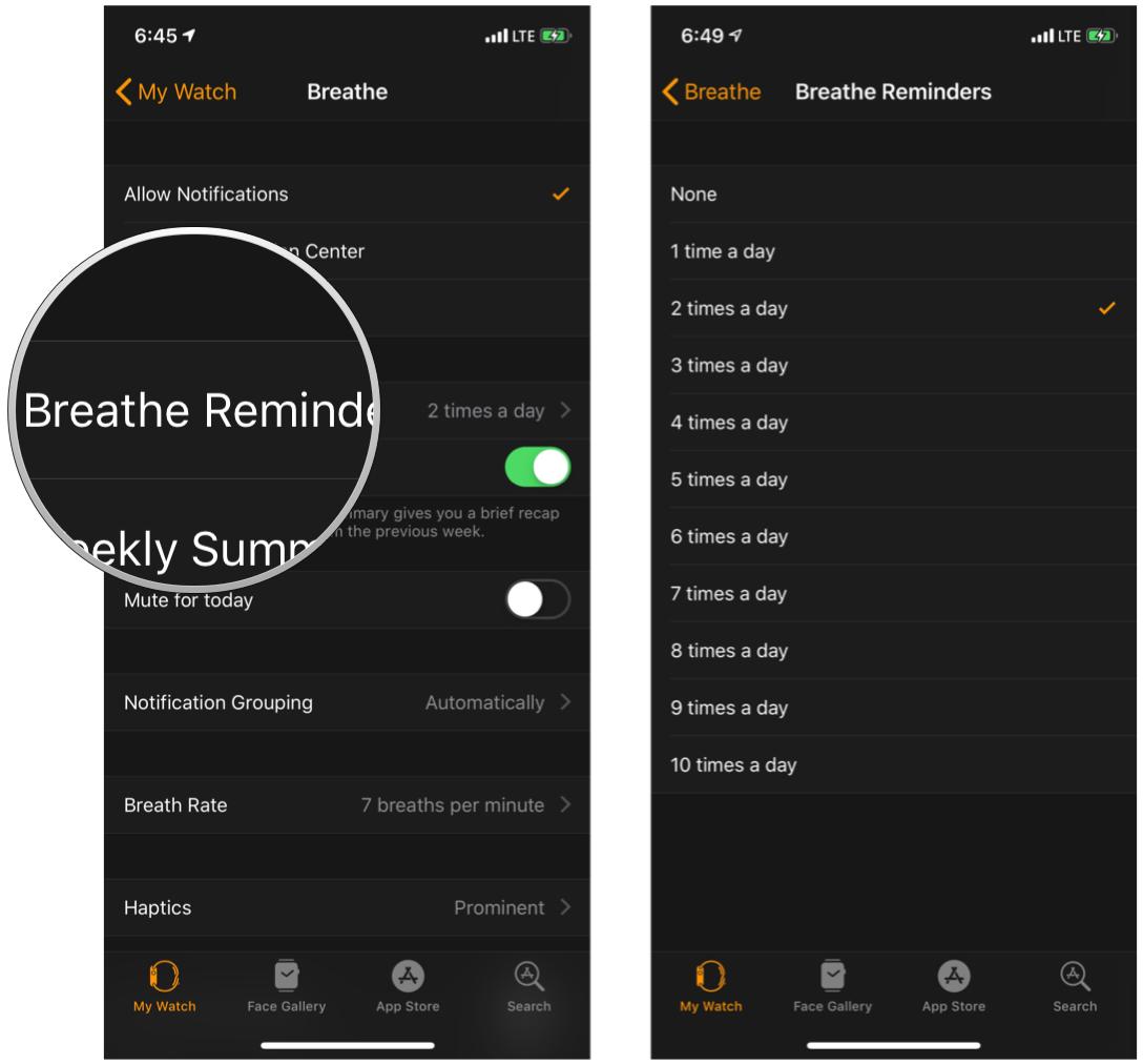 Select Breathe Reminders, then choose the frequency of the reminders