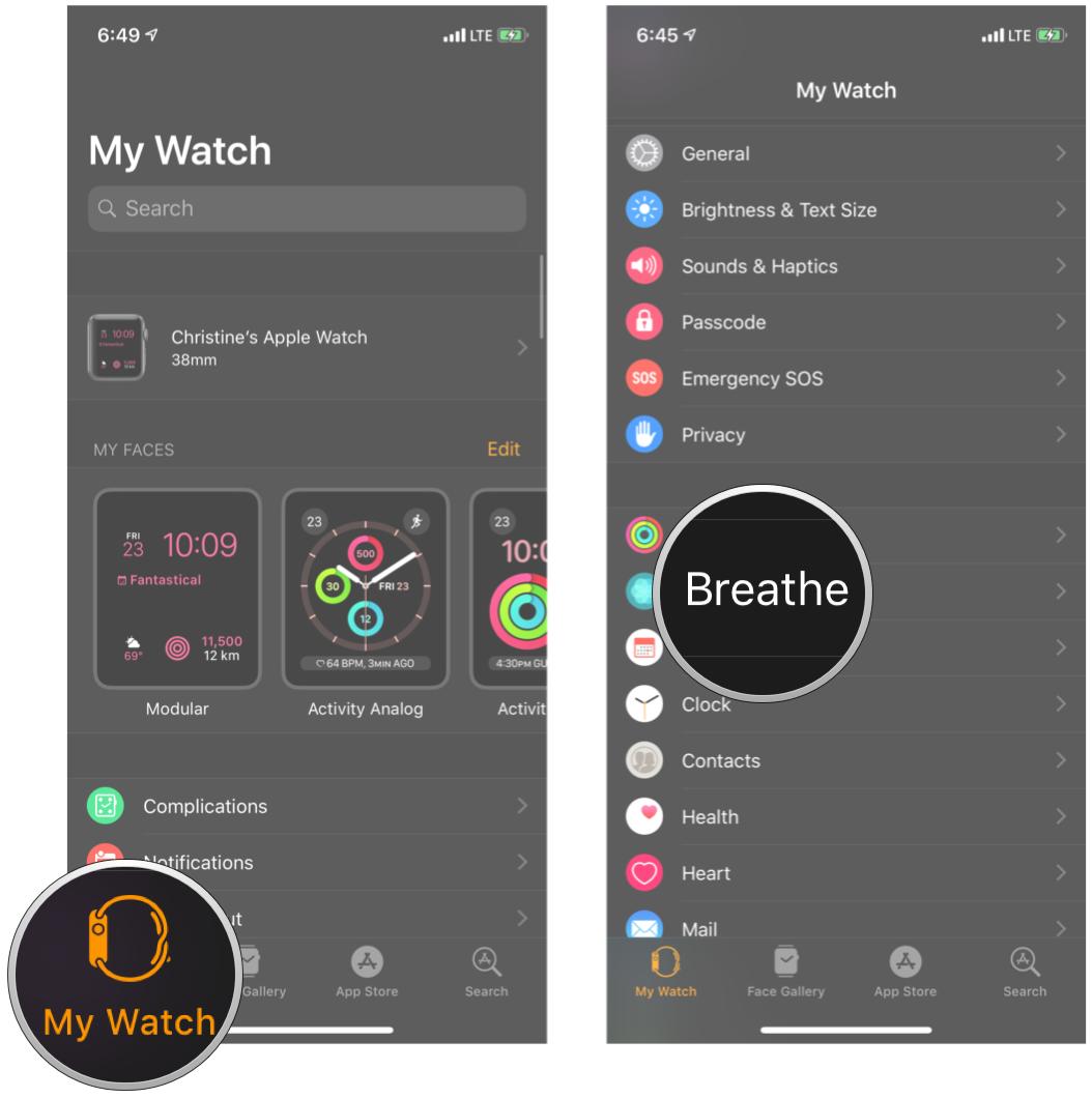 Запустите приложение Watch, коснитесь My Watch, затем выберите Breathe из списка приложений.