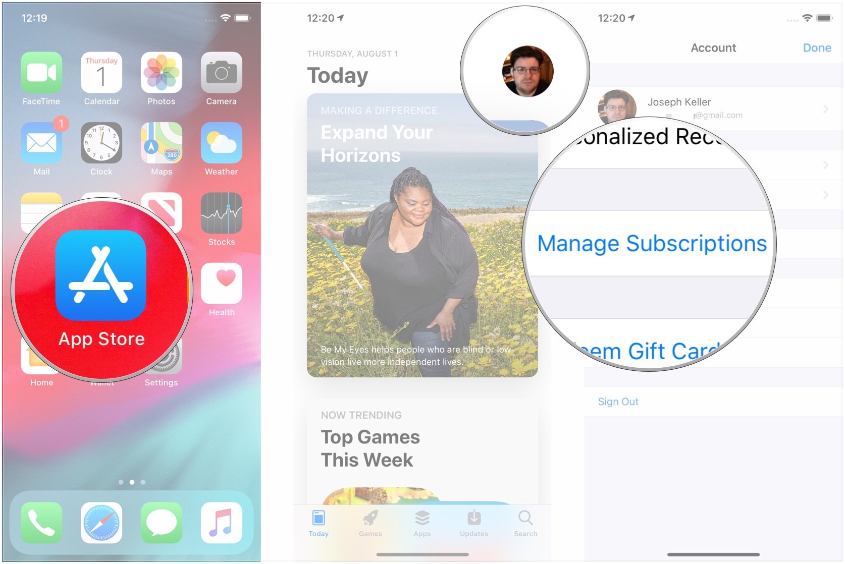 Open App Store, tap avatar, tap Manage Subscriptions