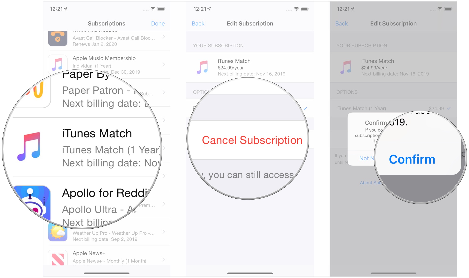 Tap iTunes Match, tap Cancel Subscription, tap Confirm