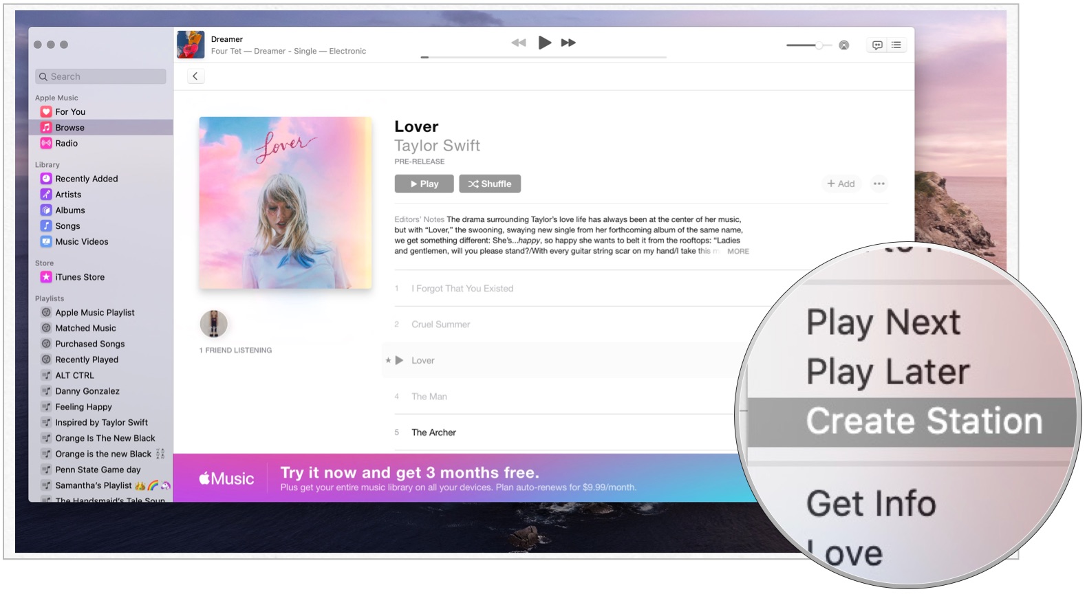To create a radio station on Mac, click the Mac app, hover over the song or artist you want, then click the More button.  Select Create Station.